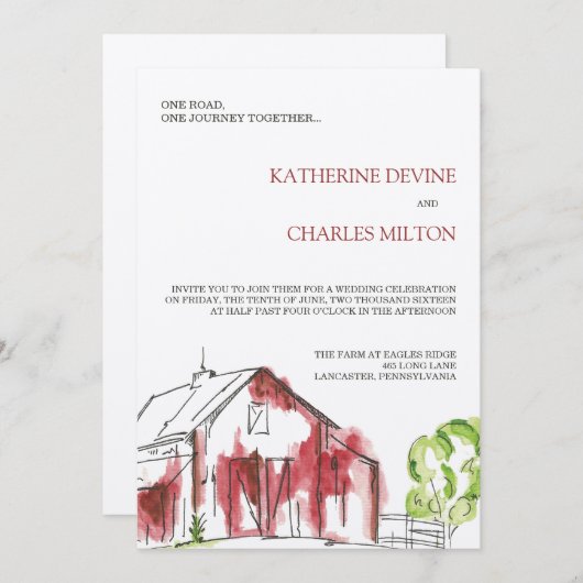 Rustic Red Barn Wedding Invitation Kaart (Voorkant / Achterkant)