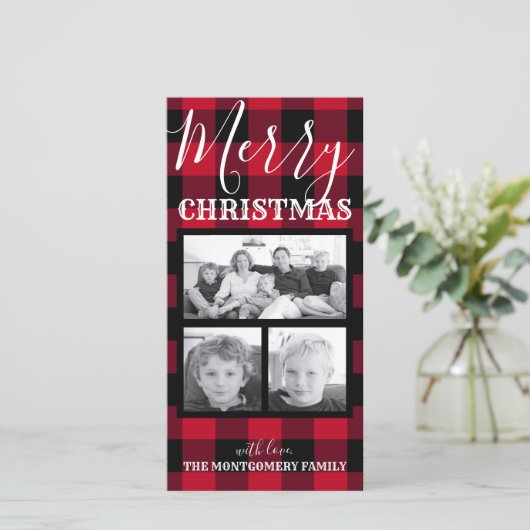 Rustic Red Black Buffalo Check Christmas 3 foto's Feestdagenkaart (Staand voorkant)