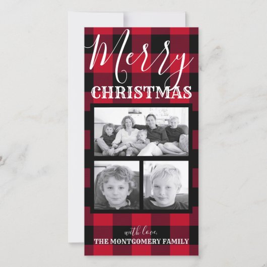 Rustic Red Black Buffalo Check Christmas 3 foto's Feestdagenkaart (Voorkant)