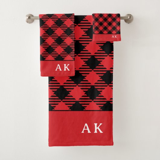 Rustic Red Black Buffalo Check Monogram Bad Handdoek (Insitu)