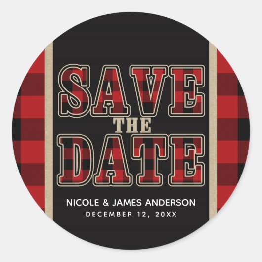 Rustic Red Black Buffalo Geruite Save the Date Ronde Sticker (Voorkant)