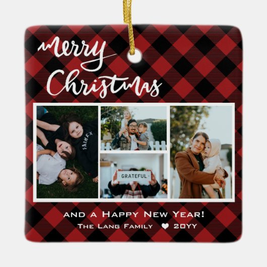 Rustic Red Black Buffalo Merry Kerstmis Keramisch Ornament (Voorkant)