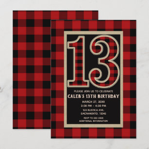 Rustic Red Black Buffalo Plaid 13e 13 Verjaardag Kaart