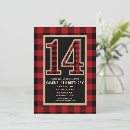 Rustic Red Black Buffalo Plaid 14e 14 Verjaardag Kaart (Staand voorkant)