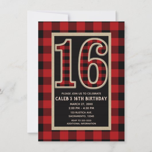 Rustic Red Black Buffalo Plaid 16e 16 Verjaardag Kaart (Voorkant)