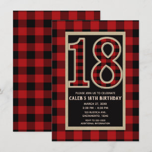 Rustic Red Black Buffalo Plaid 18e 18 Verjaardag Kaart