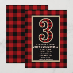 Rustic Red Black Buffalo Plaid 3de verjaardagsfees Kaart