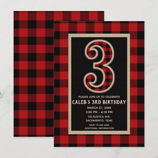 Rustic Red Black Buffalo Plaid 3de verjaardagsfees Kaart (Voorkant / Achterkant)