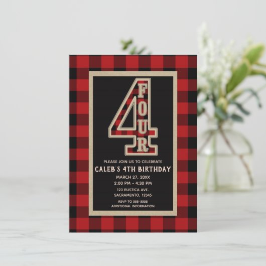 Rustic Red Black Buffalo Plaid 4e verjaardag Kaart (Staand voorkant)