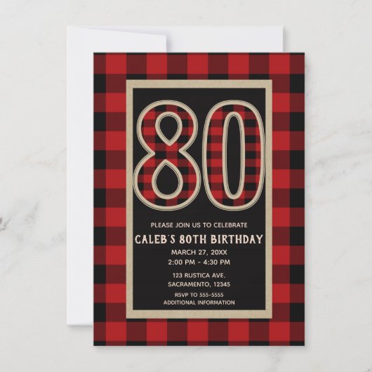 Rustic Red Black Buffalo Plaid 80e 80 verjaardag Kaart (Voorkant)