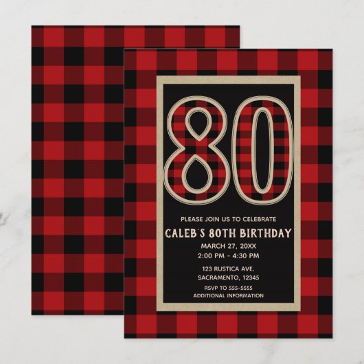 Rustic Red Black Buffalo Plaid 80ste 80e verjaarda Kaart (Voorkant / Achterkant)