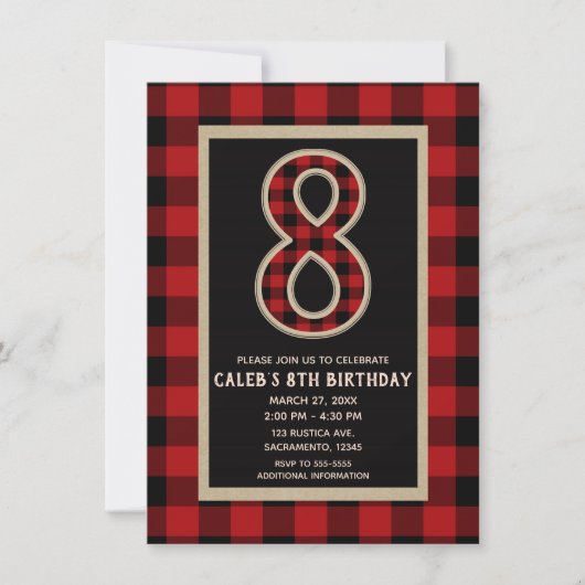 Rustic Red Black Buffalo Plaid 8e verjaardagsfeest Kaart (Voorkant)