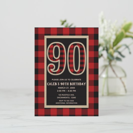 Rustic Red Black Buffalo Plaid 90e 90 verjaardag Kaart (Staand voorkant)