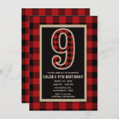 Rustic Red Black Buffalo Plaid 9e verjaardagsfeest Kaart (Voorkant / Achterkant)