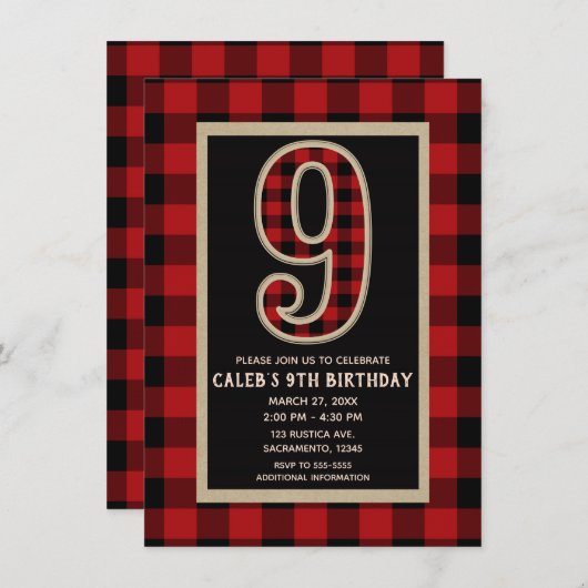 Rustic Red Black Buffalo Plaid 9e verjaardagsfeest Kaart (Voorkant / Achterkant)