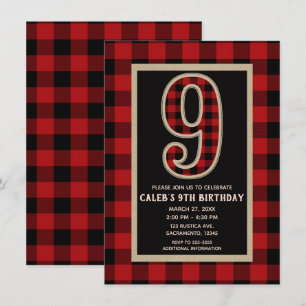 Rustic Red Black Buffalo Plaid 9e Verjaardagsfeest Kaart
