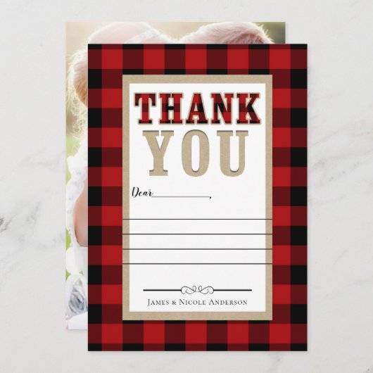 Rustic Red Black Buffalo Plaid Foto Dank u Bedankkaart (Voorkant / Achterkant)