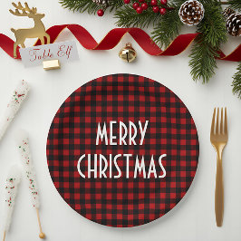 Rustic Red & Black Buffalo Plaid Merry Christmas Papieren Bordje