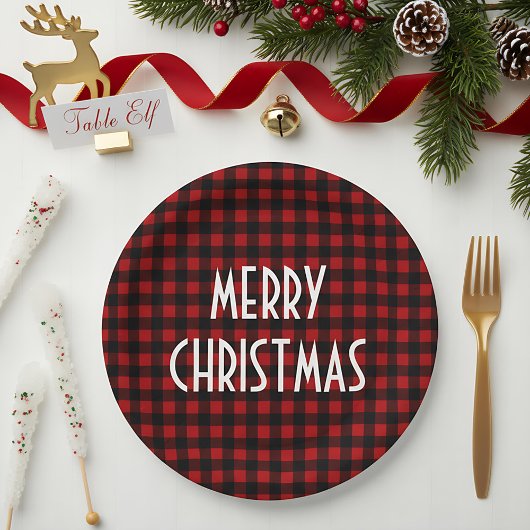 Rustic Red & Black Buffalo Plaid Merry Christmas Papieren Bordje