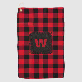 Rustic Red Black Buffalo Plaid Monogram Initiaal Golfhanddoek