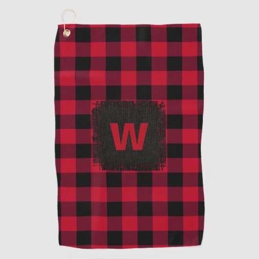 Rustic Red Black Buffalo Plaid Monogram Initiaal Golfhanddoek (Voorkant)