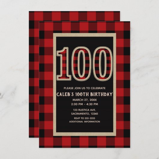 Rustic Red Black Buffalo Pset 100th 100 Birthday Kaart (Voorkant / Achterkant)