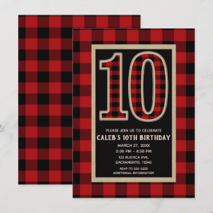 Rustic Red Black Buffalo Pset 10th Birthday Party Kaart