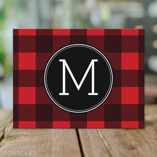 Rustic Red Black Buffalo Pset Pattern Monogram Briefkaart