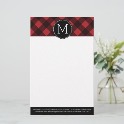 Rustic Red Black Buffalo Pset Pattern Monogram Briefpapier (Staand voorkant)