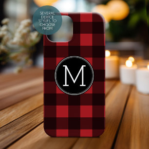 Rustic Red Black Buffalo Pset Pattern Monogram iPhone 15 Case