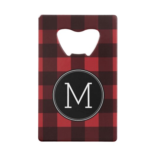 Rustic Red Black Buffalo Pset Pattern Monogram Creditkaart Flessenopener (Voorkant)