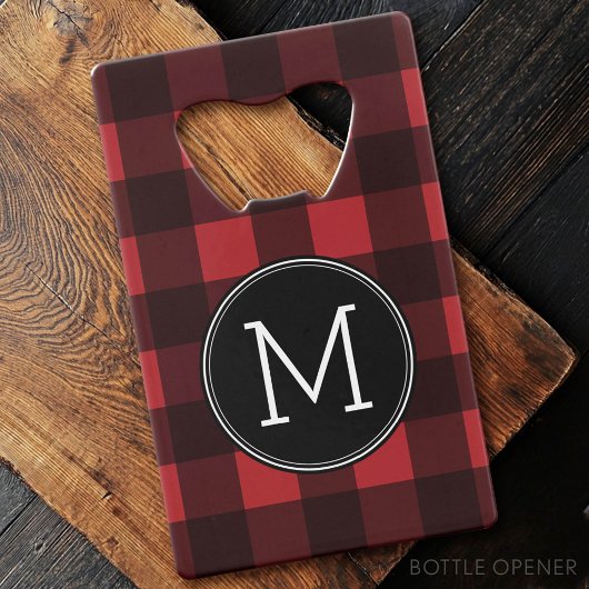 Rustic Red Black Buffalo Pset Pattern Monogram Creditkaart Flessenopener