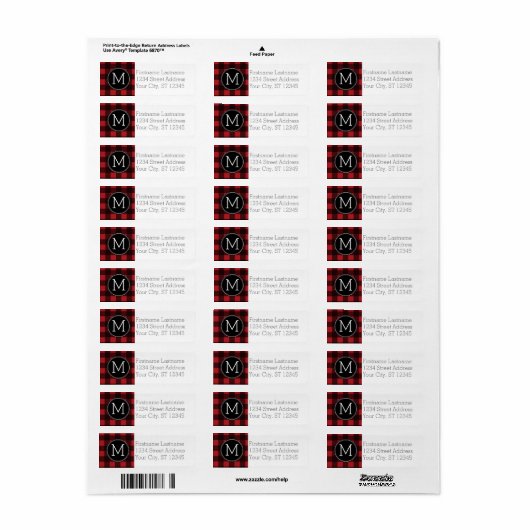 Rustic Red Black Buffalo Pset Pattern Monogram Etiket (Full Sheet)