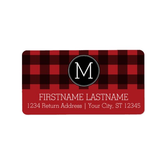 Rustic Red Black Buffalo Pset Pattern Monogram Etiket (Voorkant)