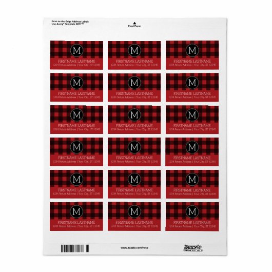 Rustic Red Black Buffalo Pset Pattern Monogram Etiket (Full Sheet)
