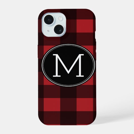 Rustic Red Black Buffalo Pset Pattern Monogram iPhone 15 Case (Achterkant)
