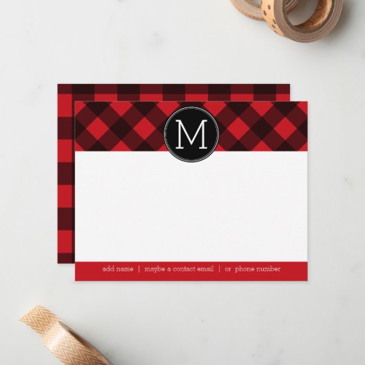 Rustic Red Black Buffalo Pset Pattern Monogram Notitiekaartje (Voorkant / Achterkant in situ)