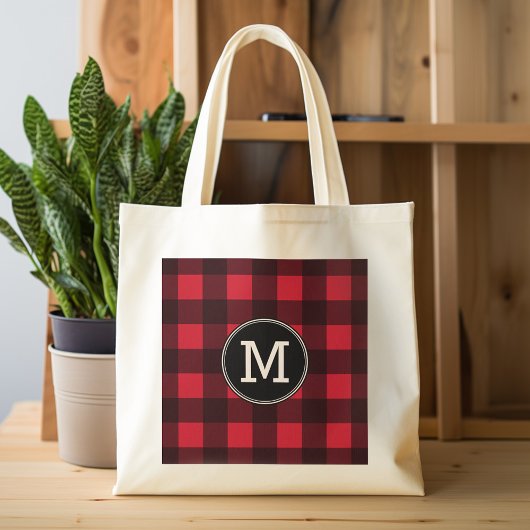 Rustic Red Black Buffalo Pset Pattern Monogram Tote Bag