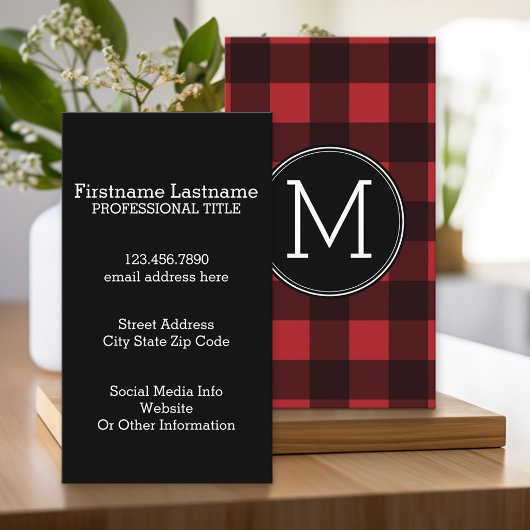 Rustic Red Black Buffalo Pset Pattern Monogram Visitekaartje