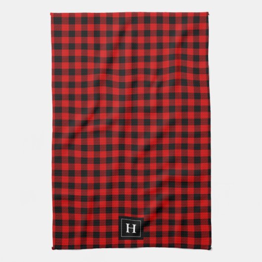 Rustic Red Black Buffalo Pset Pattern Monogramed Theedoek (Verticaal)