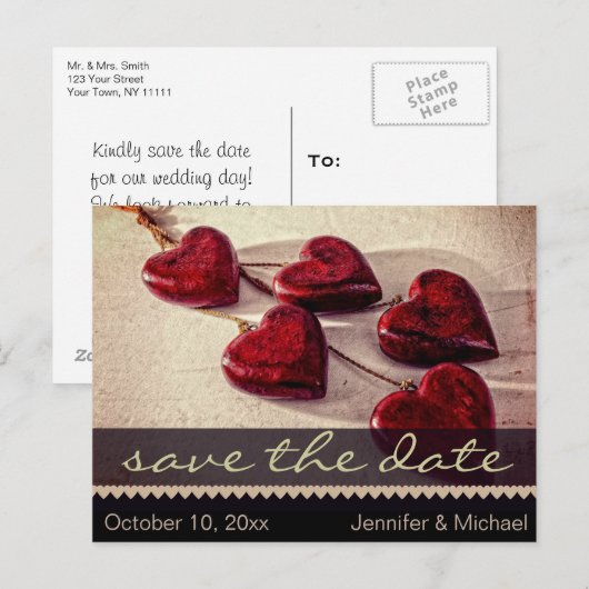 Rustic Red & Black Heart  Opslaan datum Aankondigingskaart (Voorkant / Achterkant)