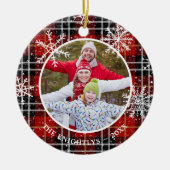 Rustic Red Black Pset Snowflake Monogram Foto Keramisch Ornament (Voorkant)