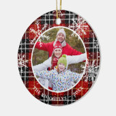 Rustic Red Black Pset Snowflake Monogram Foto Keramisch Ornament (Links)