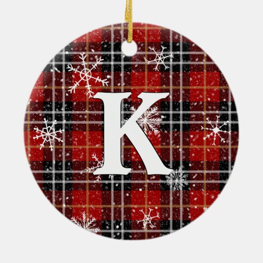 Rustic Red Black Pset Snowflake Monogram Foto Keramisch Ornament (Achterkant)