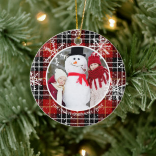 Rustic Red Black Pset Snowflake Monogram Foto Keramisch Ornament