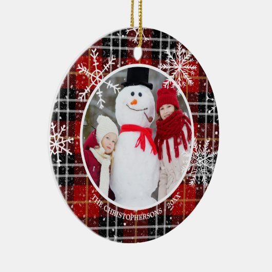 Rustic Red Black Pset Snowflake Monogram Foto Keramisch Ornament (Rechts)