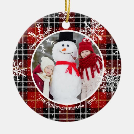 Rustic Red Black Pset Snowflake Monogram Foto Keramisch Ornament (Voorkant)