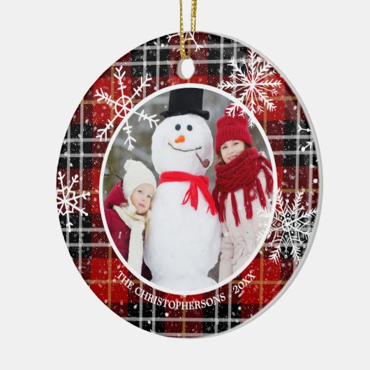 Rustic Red Black Pset Snowflake Monogram Foto Keramisch Ornament (Links)