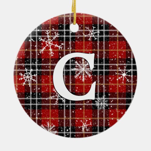 Rustic Red Black Pset Snowflake Monogram Foto Keramisch Ornament (Achterkant)