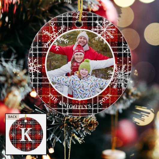 Rustic Red Black Pset Snowflake Monogram Foto Keramisch Ornament